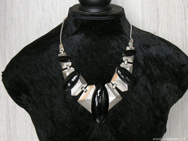 Ketting grote ornamenten, 50cm, zilverkleur-zwart